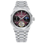 Pagani Design PD-YS036 stainless steel case, burgundy red grid dial with moon phase and open heart, steel bracelet