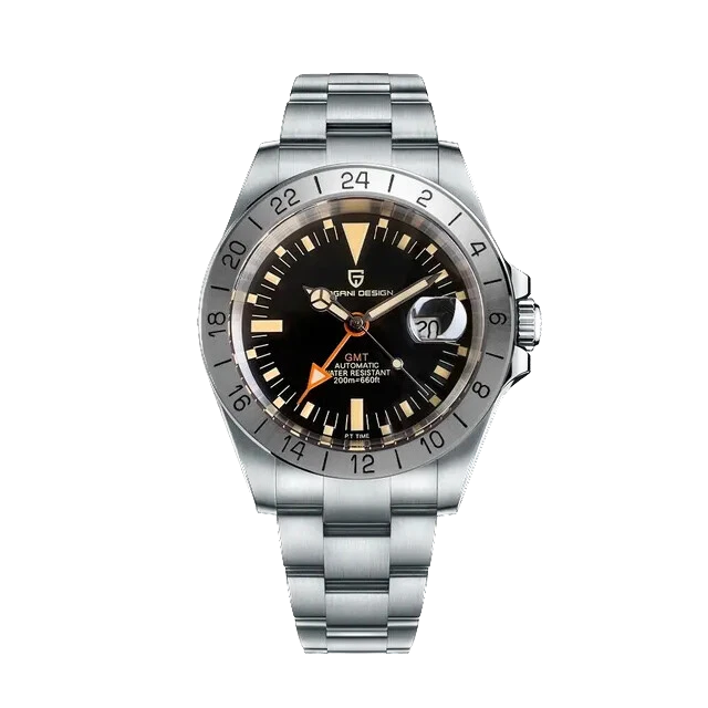 Pagani Design PD-1693 men's luxury automatic GMT watch with black dial and silver bracelet