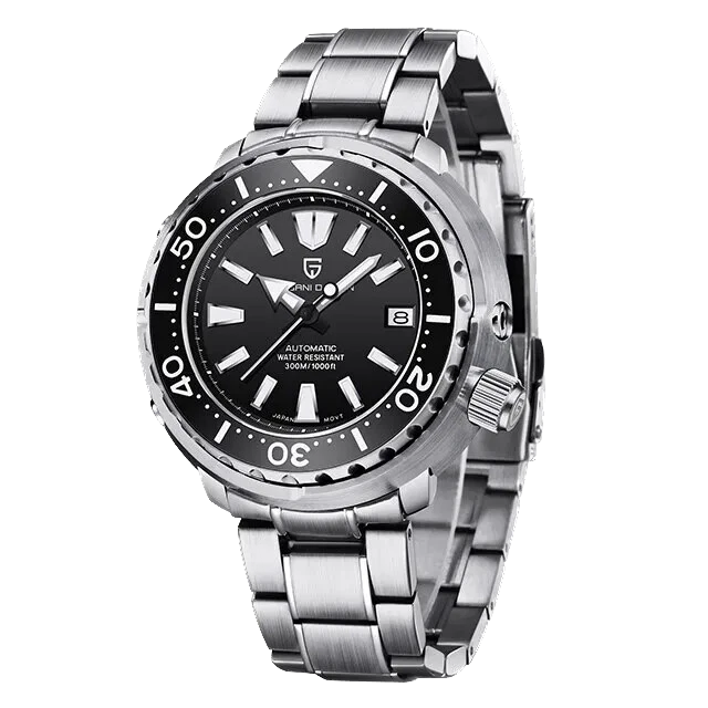 Pagani Design PD-1695 men's luxury automatic tuna diver watch with black dial and silver bracelet side view
