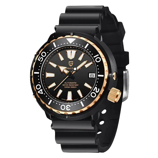 Pagani Design PD-1695 men's luxury automatic tuna diver watch with black dial, gold bezel and black rubber strap