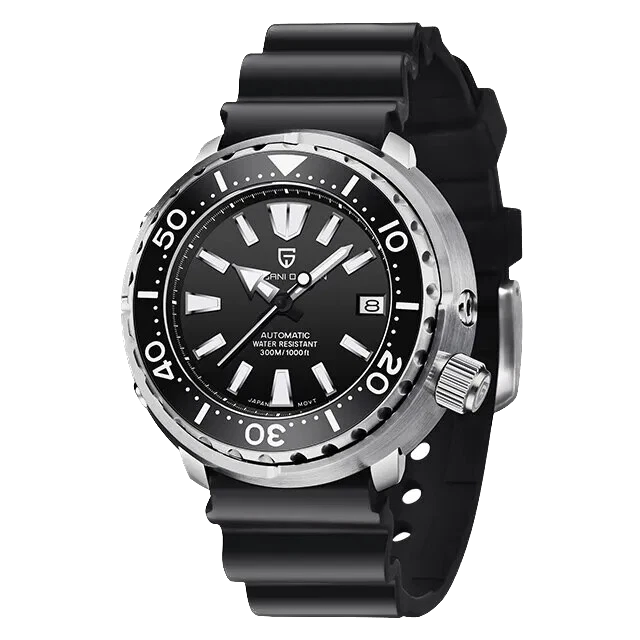 Pagani Design PD-1695 men's luxury automatic tuna diver watch with black dial, stainless steel bezel and black rubber strap