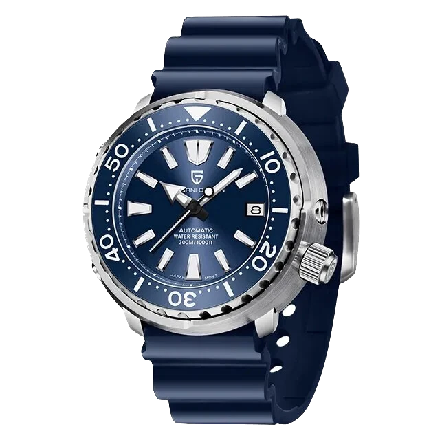 Pagani Design PD-1695 men's luxury automatic tuna diver watch with blue dial, silver bezel, and blue rubber strap