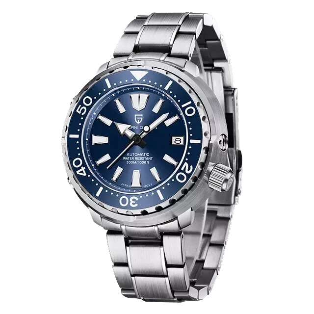 Pagani Design PD-1695 men's luxury automatic tuna diver watch with blue dial and silver bracelet