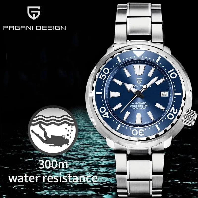 Pagani Design watch with blue dial and silver metal band on a dark background