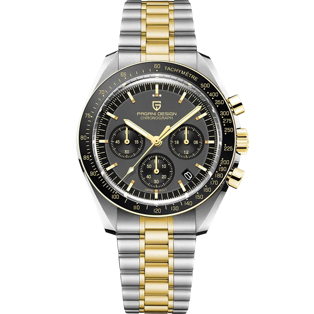 Pagani Design PD-1701 moon chronograph watch black dial front view