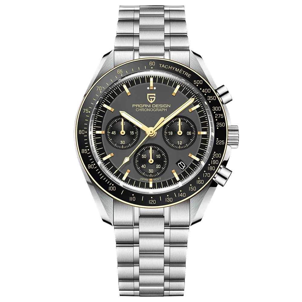 Pagani Design PD-1701 moon chronograph watch black silver dial front view