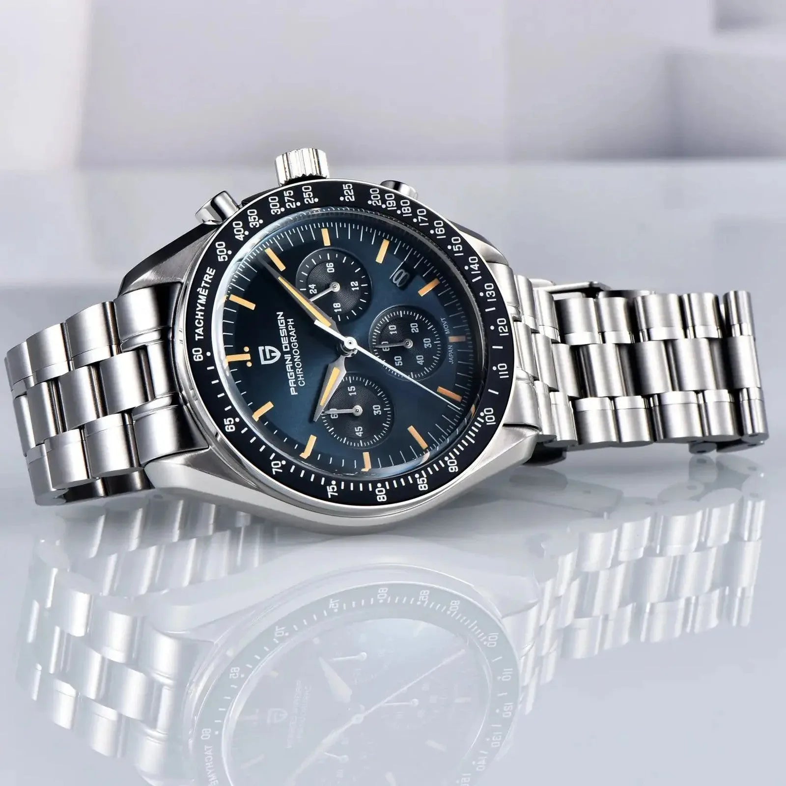 Pagani Design PD-1701 moon chronograph watch blue dial front view