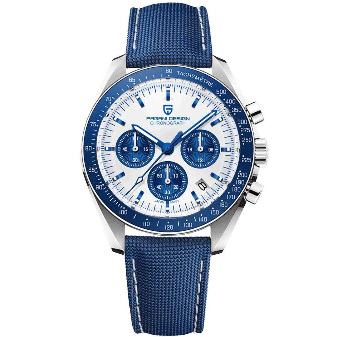 Pagani Design PD-1701 moon chronograph watch blue white dial front view
