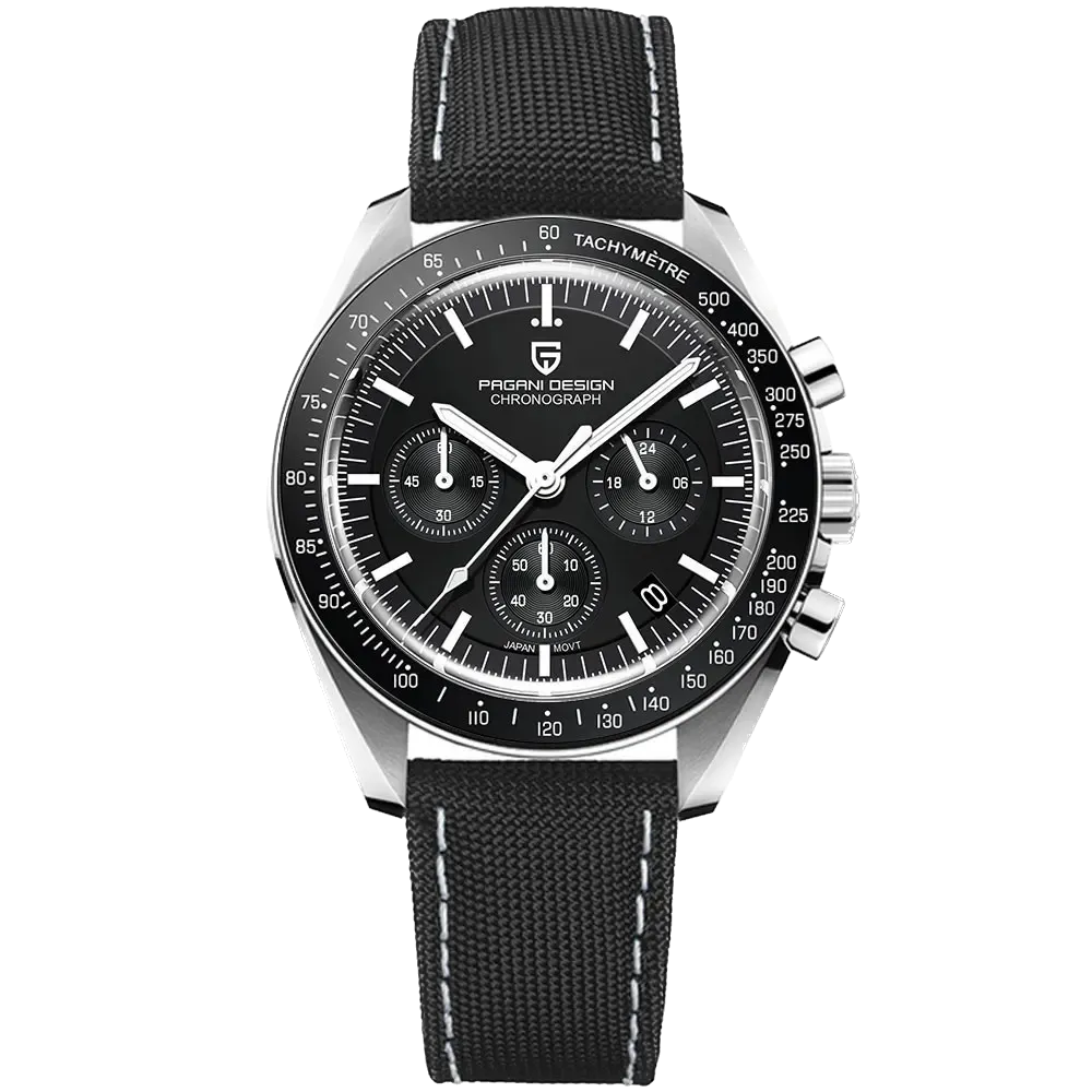 Pagani Design PD-1701 moon chronograph watch silver black dial front view