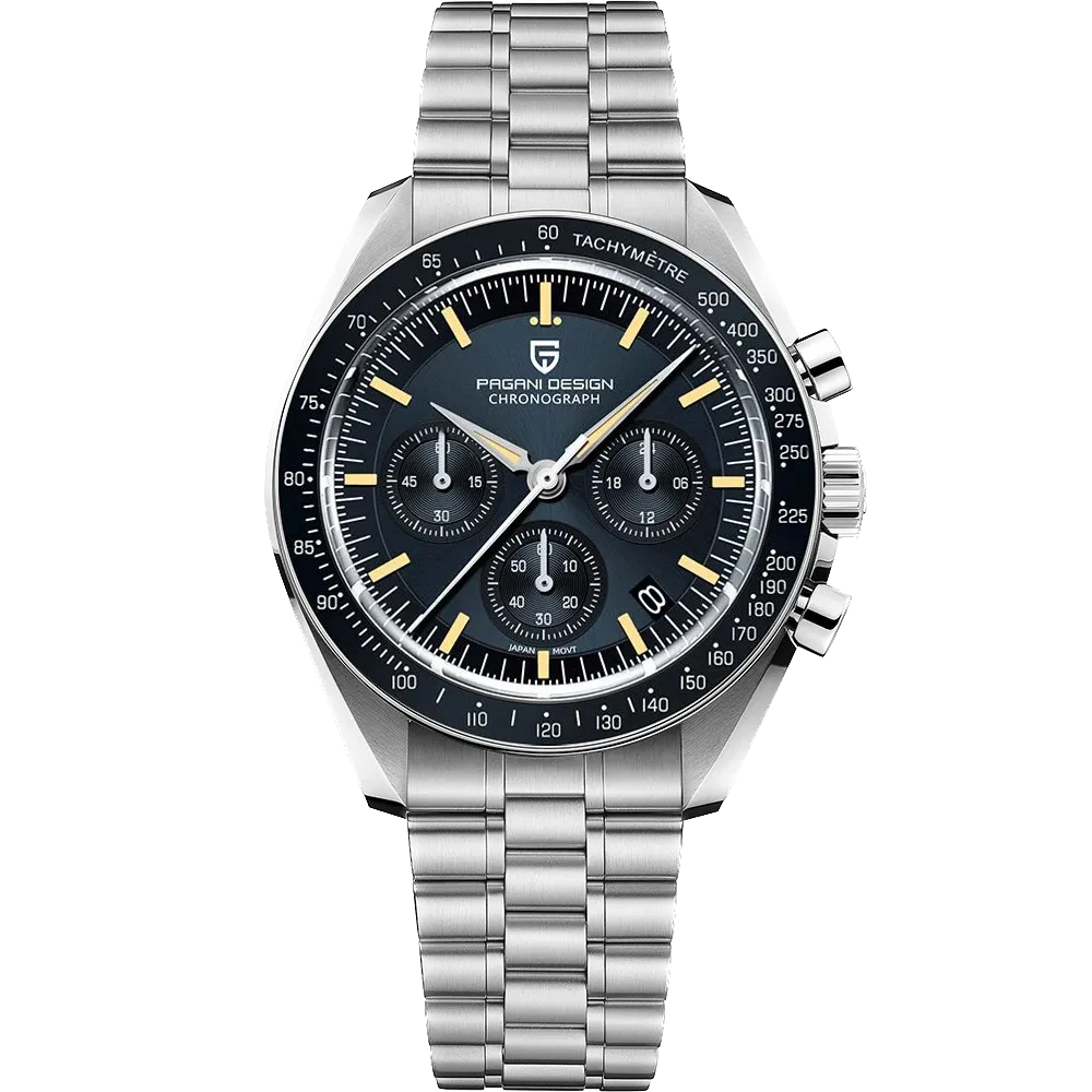 Pagani Design PD-1701 moon chronograph watch silver case black dial front view