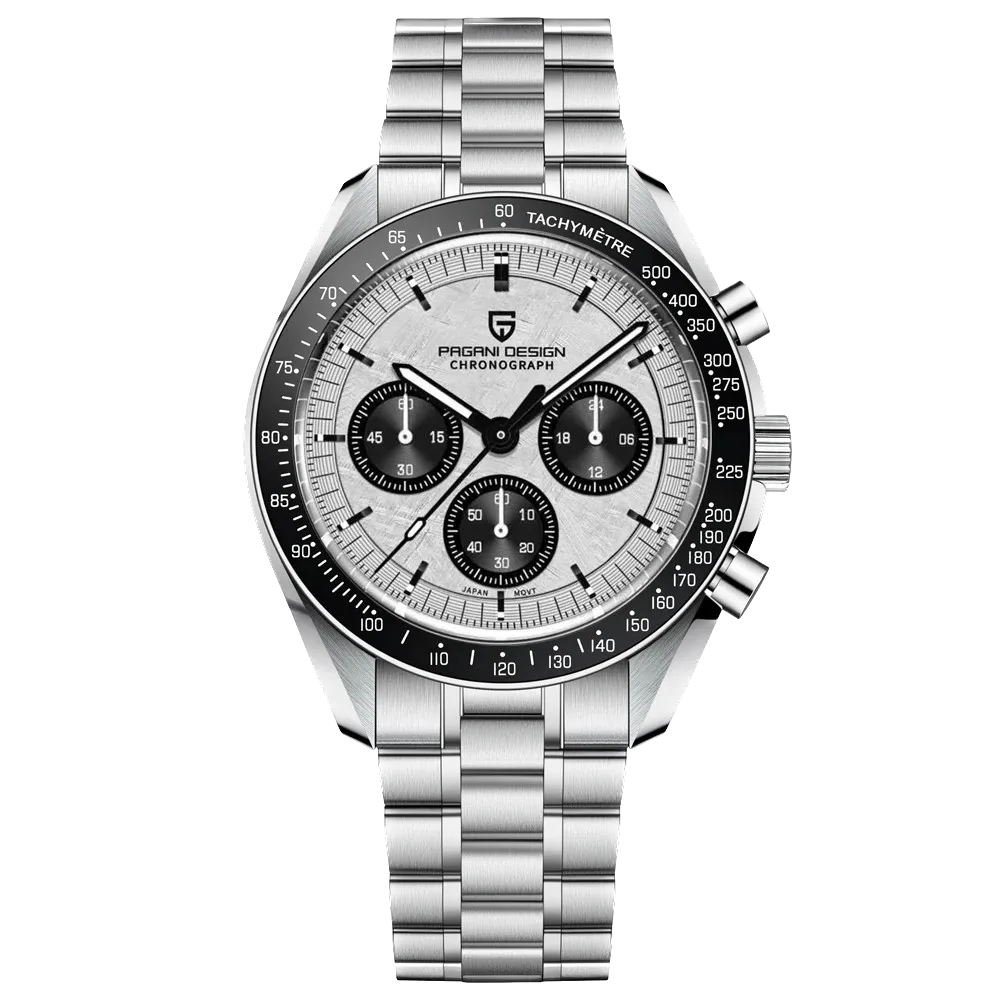 Pagani Design PD-1701 moon chronograph watch silver white dial angle view