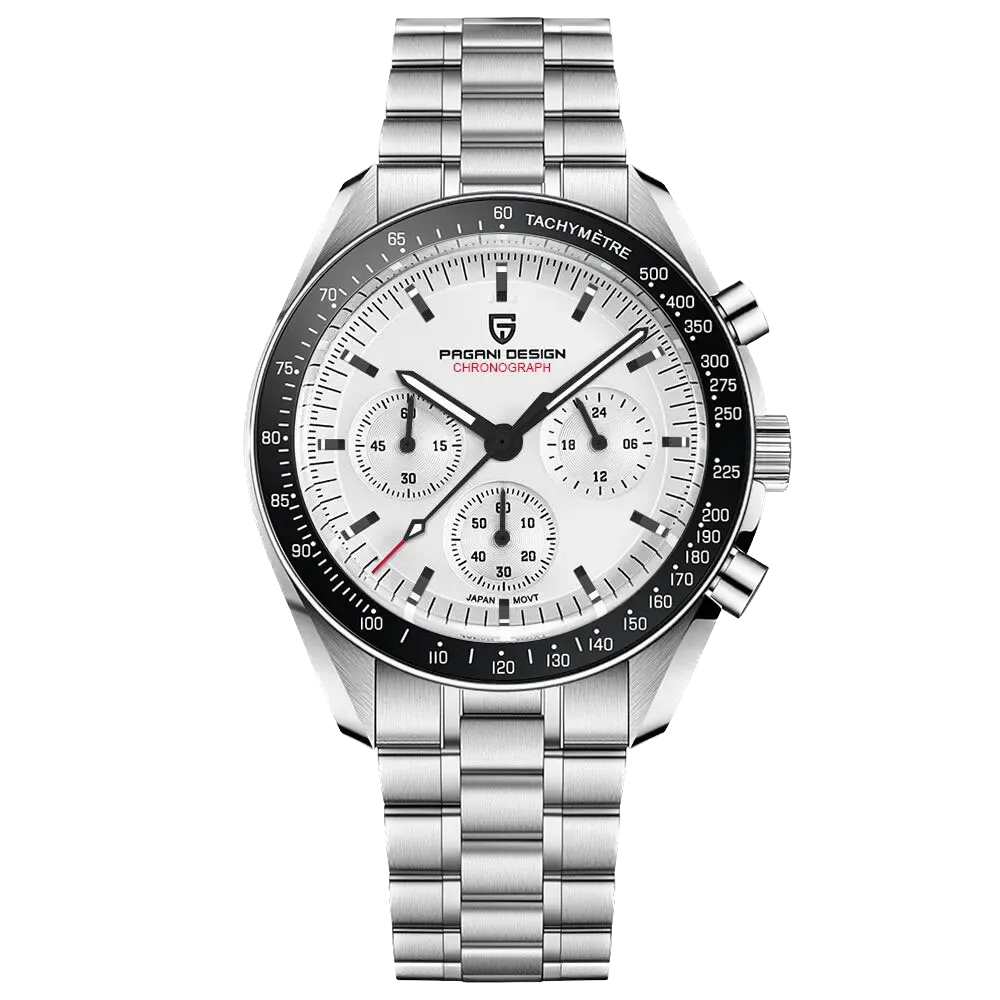 Pagani Design PD-1701 moon chronograph watch silver white dial front view
