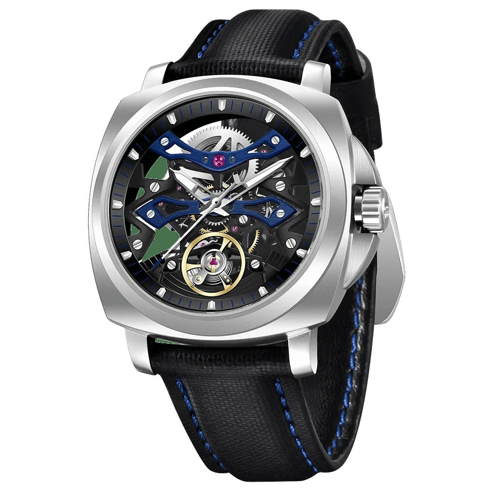 Pagani Design PD-YS017 blue skeleton dial with steel case and blue-stitched black leather strap