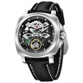 Pagani Design PD-YS017 black skeleton tourbillon dial, steel cushion case, black leather strap