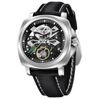 Pagani Design PD-YS017 black skeleton tourbillon dial, steel cushion case, black leather strap