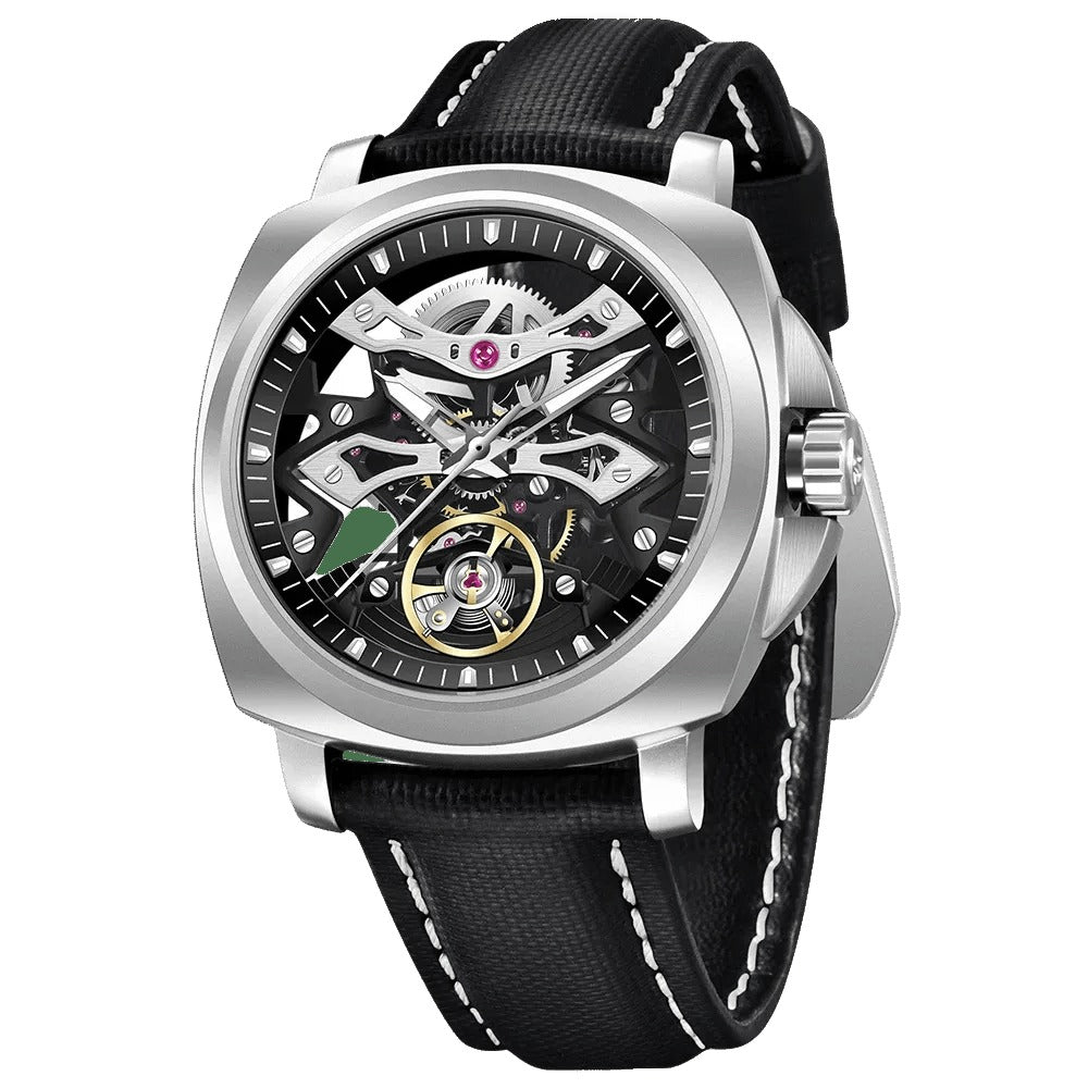 Pagani Design PD-YS017 black skeleton tourbillon dial, steel cushion case, black leather strap