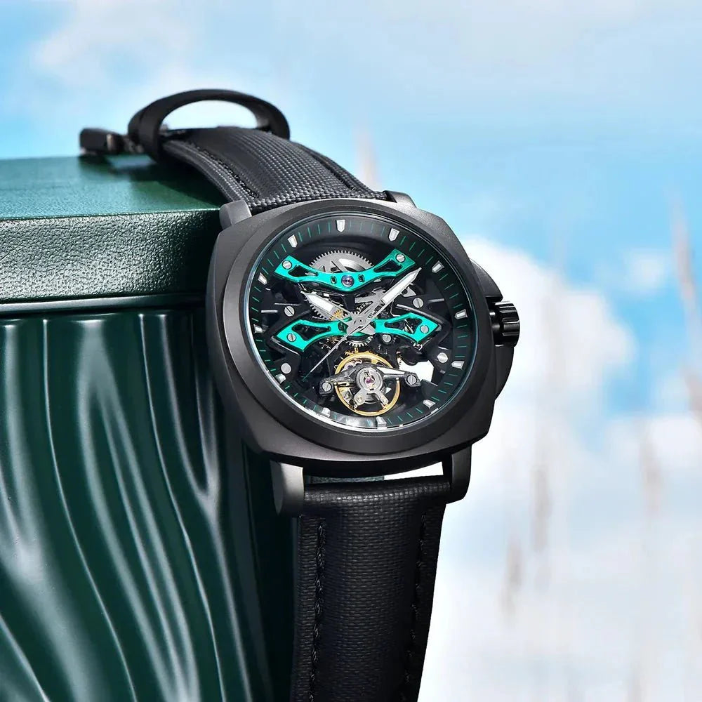 Pagani Design PD-YS017 green skeleton black PVD model angled against sky, strap curve visible