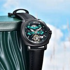 Pagani Design PD-YS017 green skeleton black PVD model angled against sky, strap curve visible