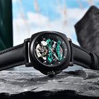 Pagani Design PD-YS017 green skeleton watch lying on stone, teal bridges and open balance