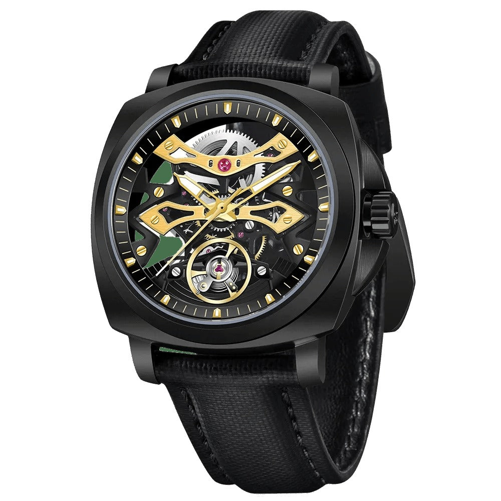 Pagani Design PD-YS017 yellow gold skeleton dial in black PVD case, black leather strap
