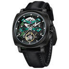 Pagani Design PD-YS017 green skeleton dial in black PVD cushion case on black leather strap