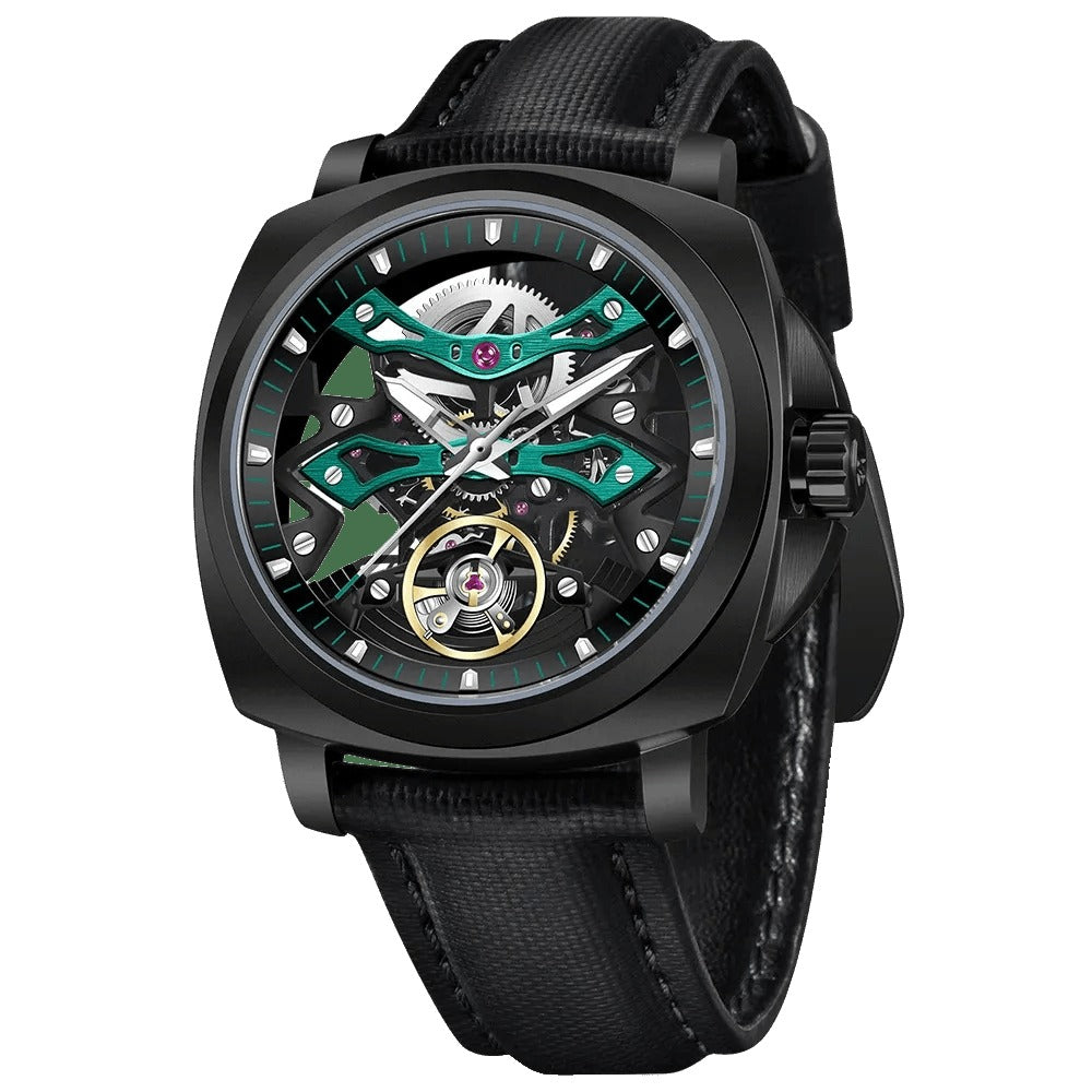 Pagani Design PD-YS017 green skeleton dial in black PVD cushion case on black leather strap