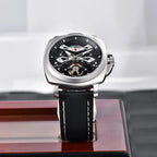 Pagani Design PD-YS017 black skeleton model angled on wood, showing 40mm cushion case