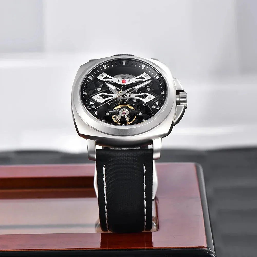Pagani Design PD-YS017 black skeleton model angled on wood, showing 40mm cushion case
