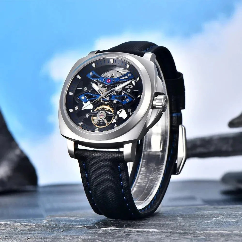Pagani Design PD-YS017 blue skeleton model angled outdoors, showing brushed steel case sides