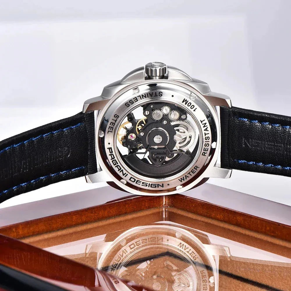 Pagani Design PD-YS017 exhibition caseback showing skeleton automatic movement, 100M rated