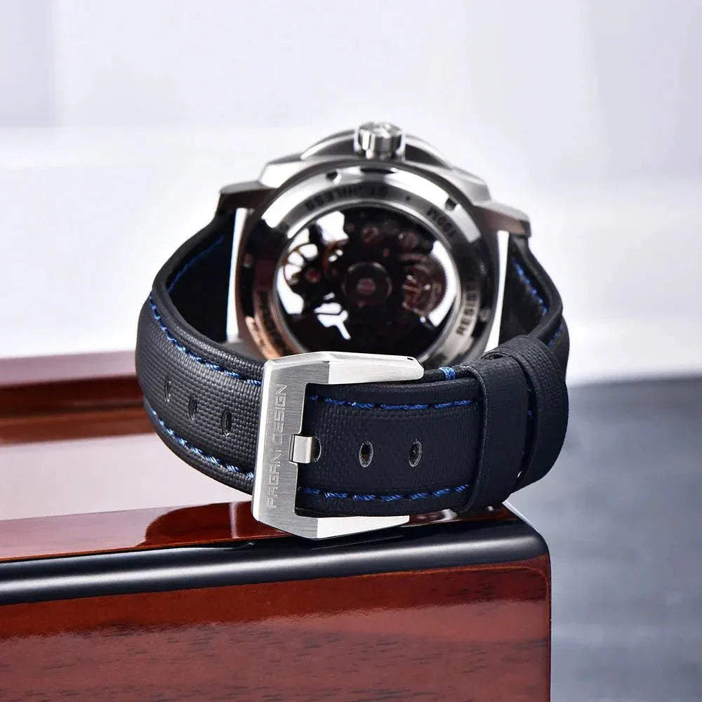 Pagani Design PD-YS017 signed pin buckle and blue-stitched leather strap detail