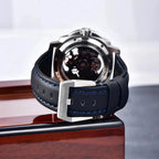 Pagani Design PD-YS017 signed pin buckle and blue-stitched leather strap detail