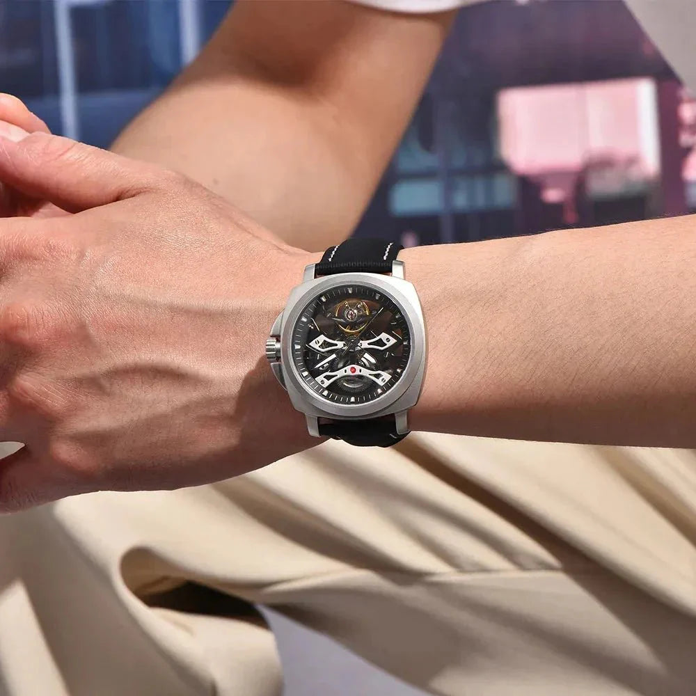 Pagani Design PD-YS017 black skeleton tourbillon worn on wrist, case size on arm