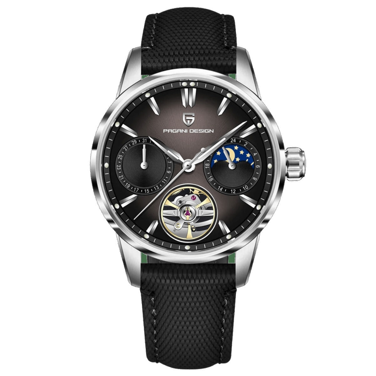 Pagani Design PD-YS021 silver steel case, black moonphase dial on black nylon strap
