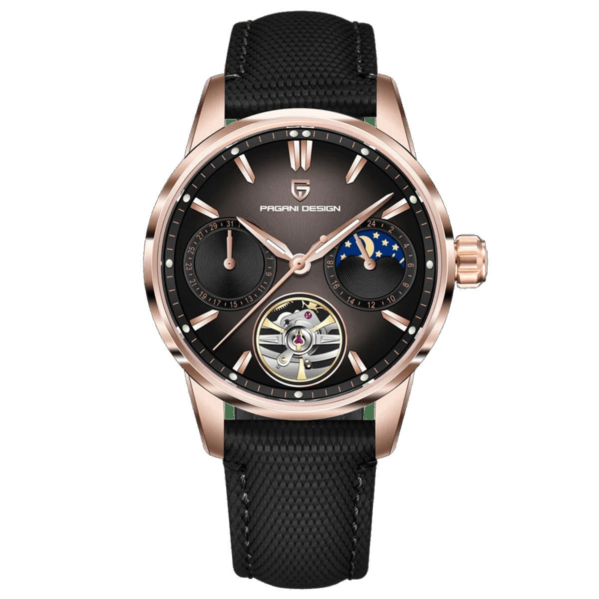 Pagani Design PD-YS021 rose gold case, black moonphase dial, black nylon strap automatic watch