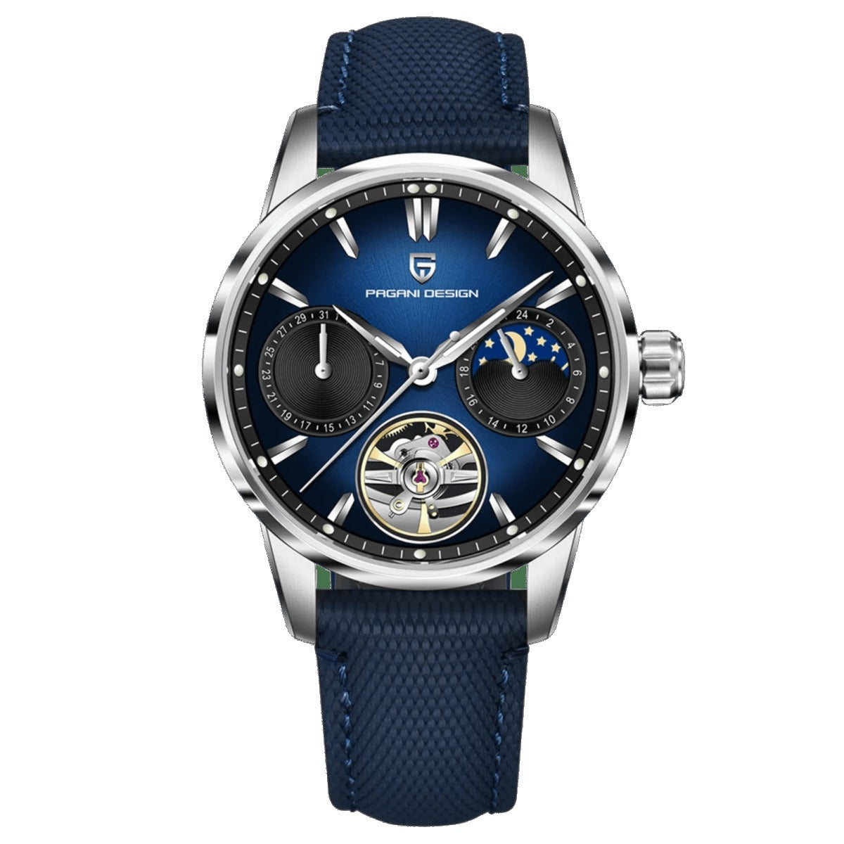 Pagani Design PD-YS021 silver steel case, blue dial and blue nylon strap automatic watch