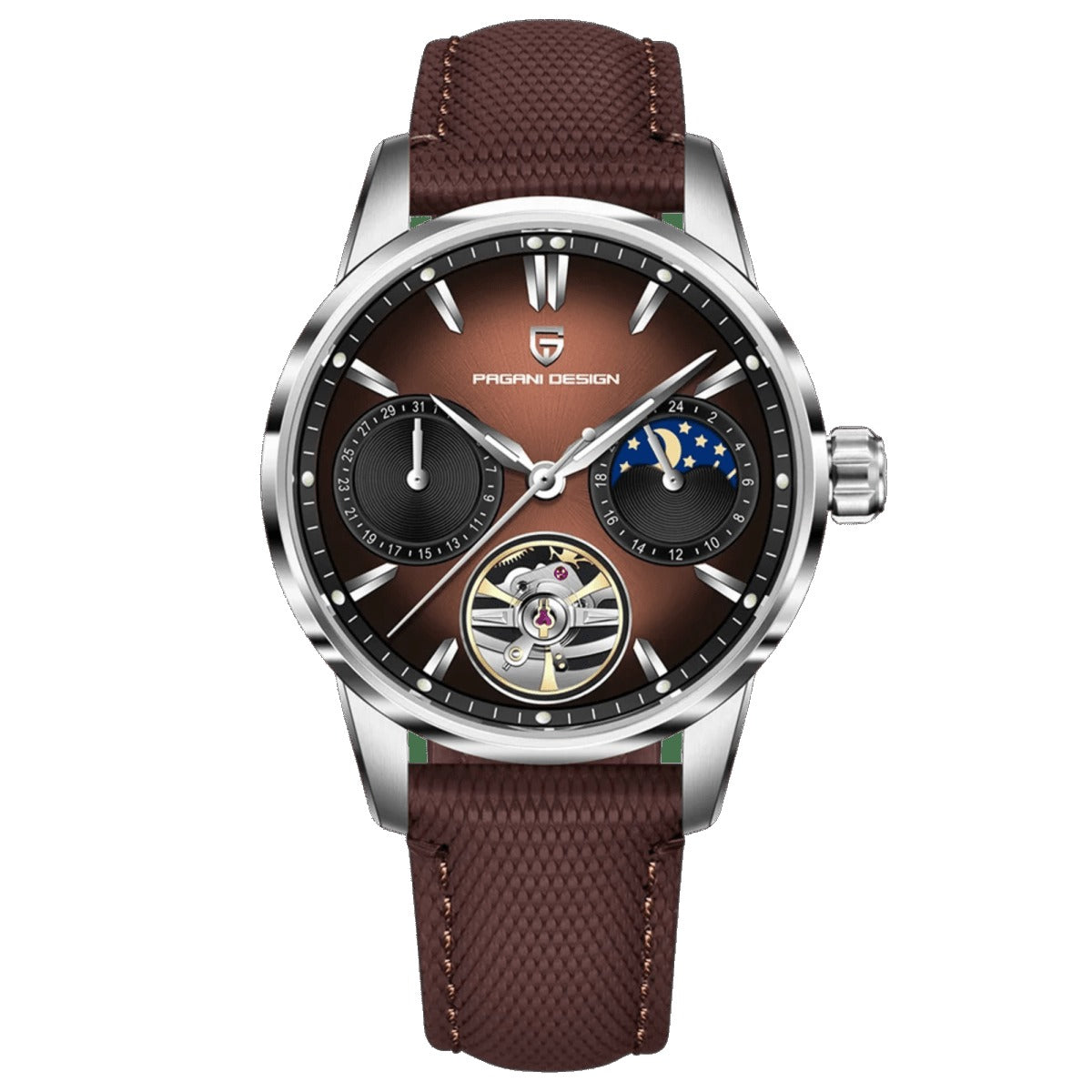 Pagani Design PD-YS021 silver steel case, brown moonphase dial, brown nylon strap