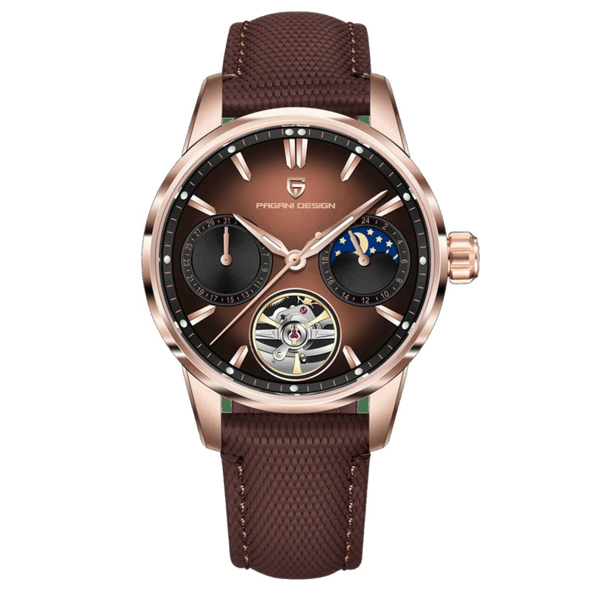 Pagani Design PD-YS021 rose gold case with brown dial and matching brown nylon strap