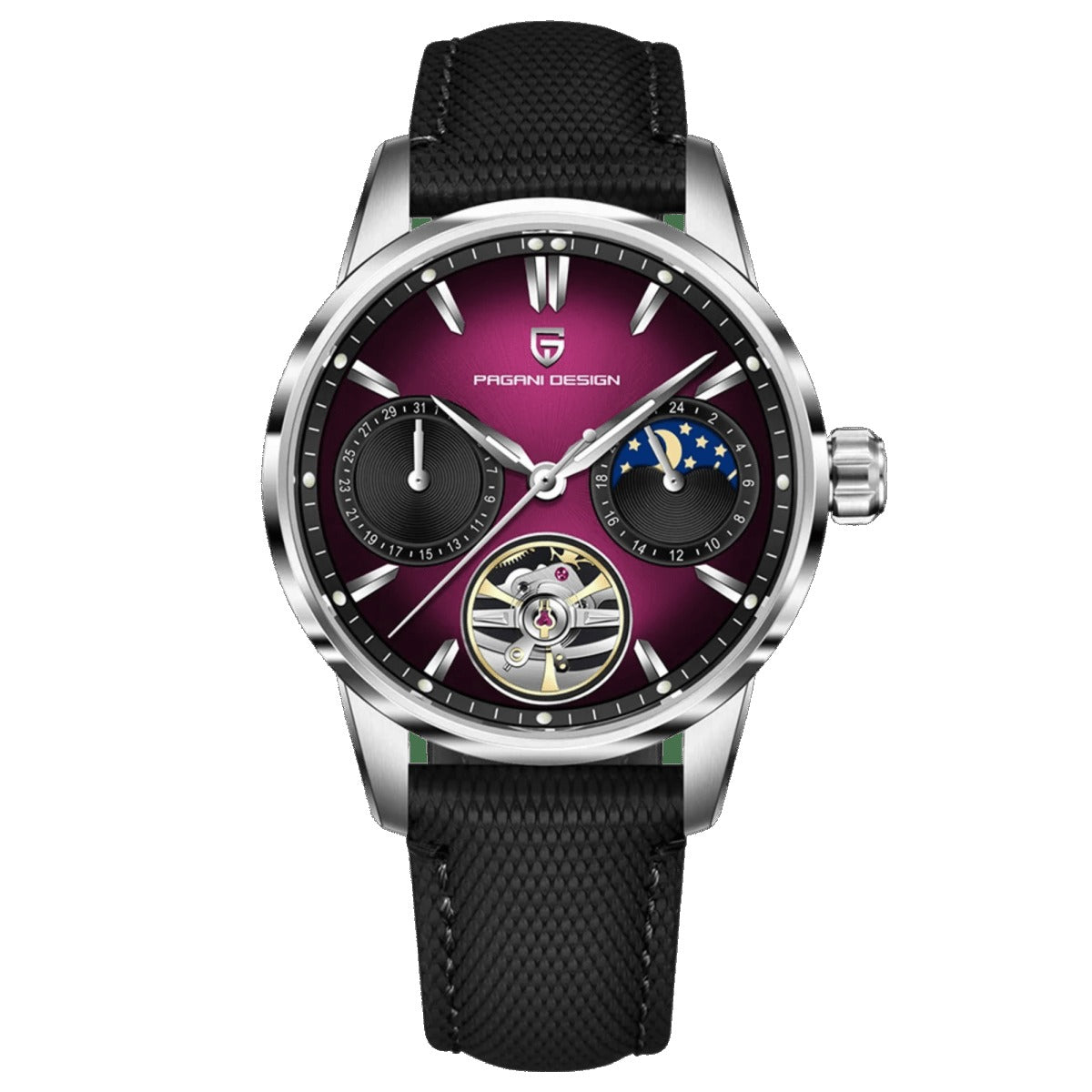 Pagani Design PD-YS021 silver steel case with purple dial and black nylon strap