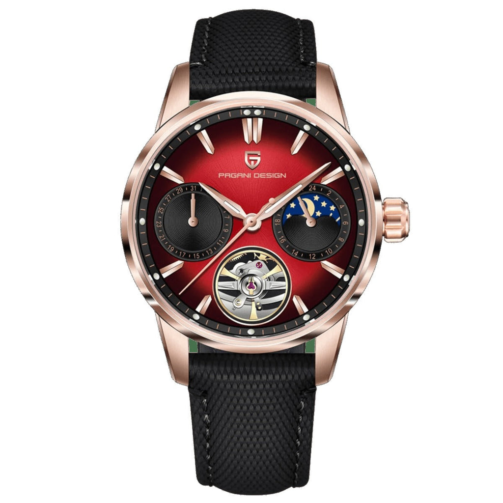 Pagani Design PD-YS021 rose gold case with red dial and black nylon strap, moonphase automatic