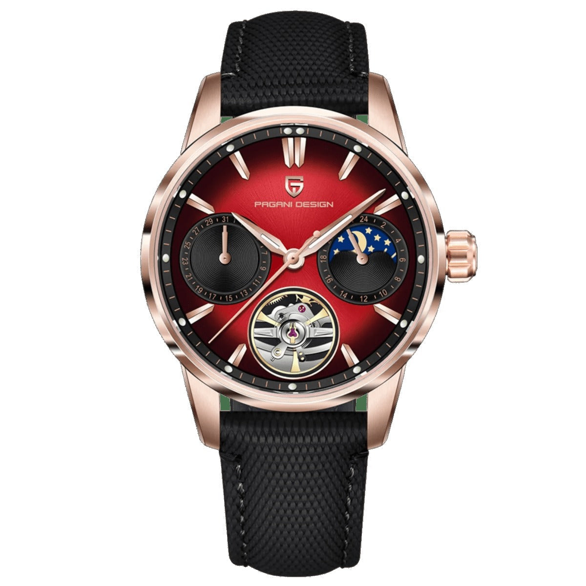Pagani Design PD-YS021 rose gold case with red dial and black nylon strap, moonphase automatic