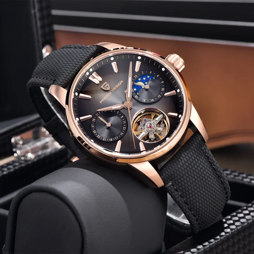 Pagani Design PD-YS021 rose gold black on a watch roll, dial detail with 24-hour moonphase