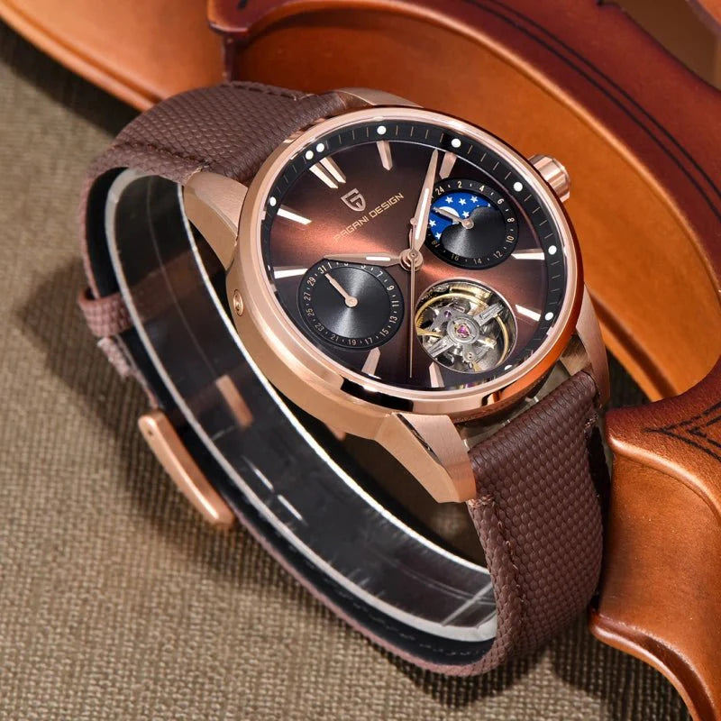 Pagani Design PD-YS021 rose gold brown watch angled on leather, brown nylon strap detail