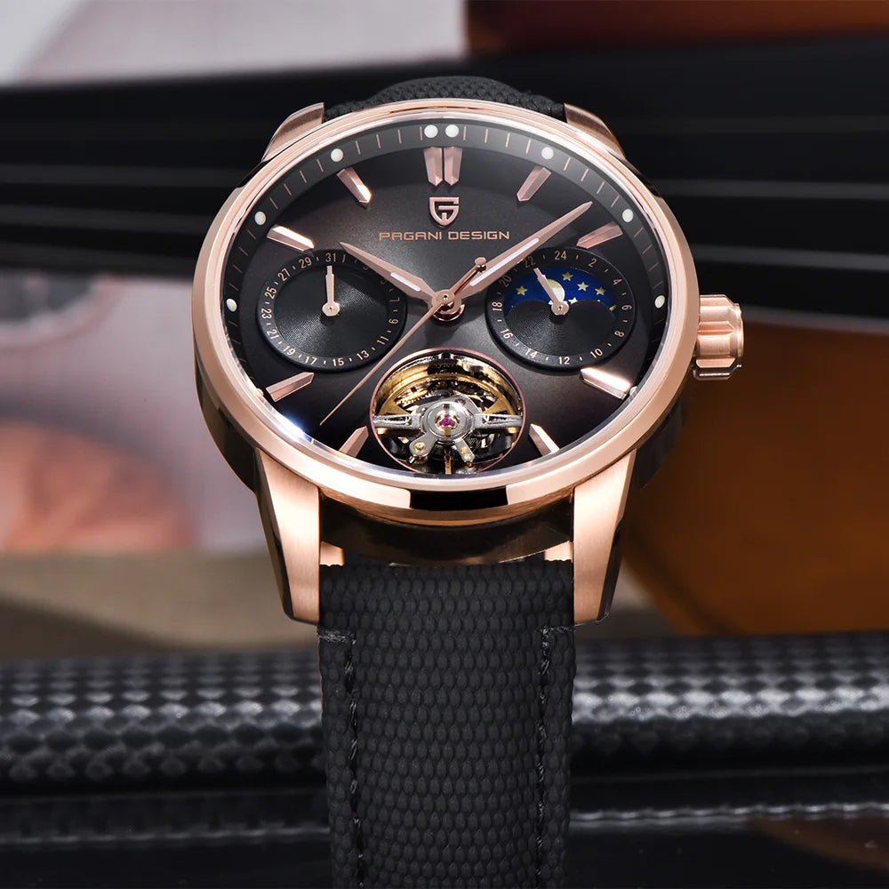 Pagani Design PD-YS021 angled view of rose gold case, moonphase subdial and open balance wheel