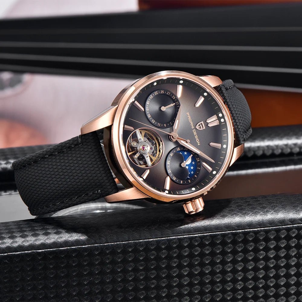 Pagani Design PD-YS021 rose gold black watch laid flat, showing 41mm case profile and lug shape
