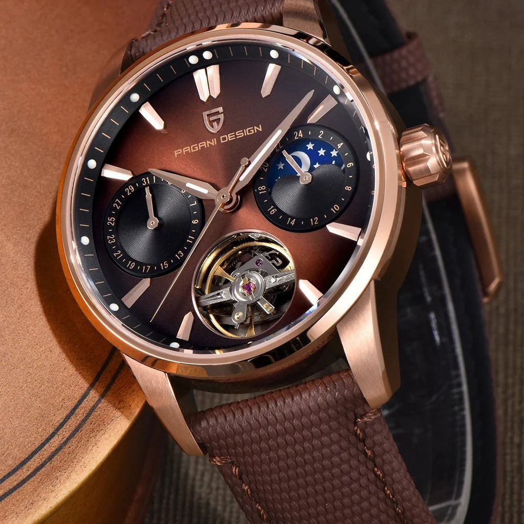 Pagani Design PD-YS021 macro of brown sunburst dial, open balance wheel and moonphase disc