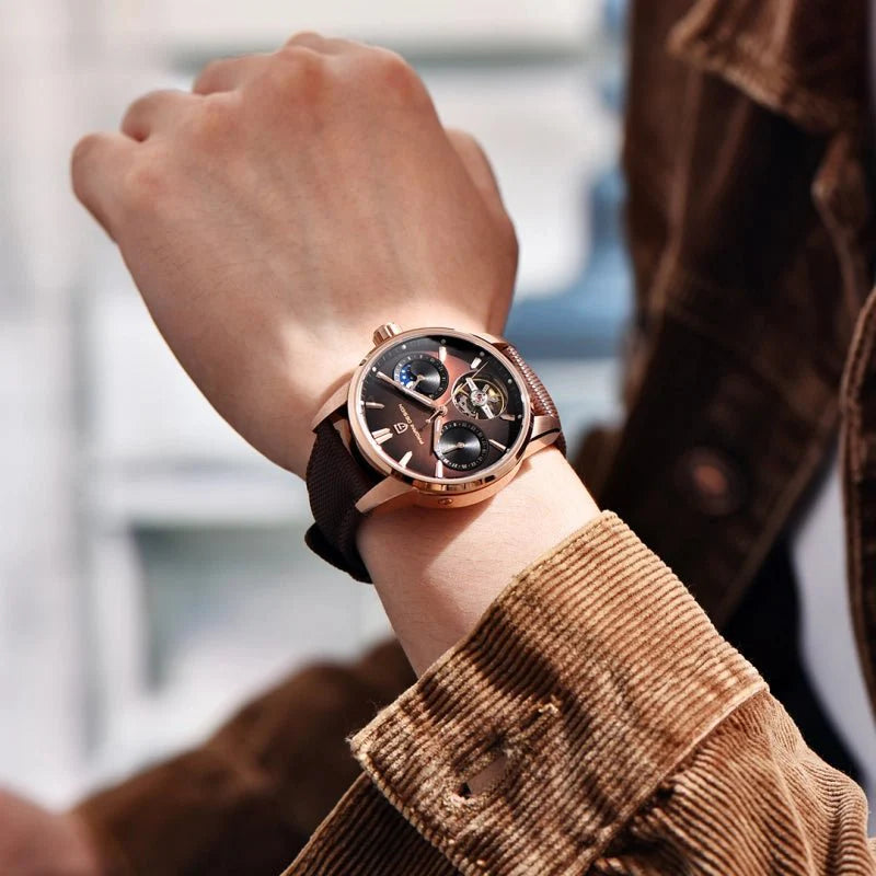 Pagani Design PD-YS021 brown dial model worn on wrist with corduroy jacket