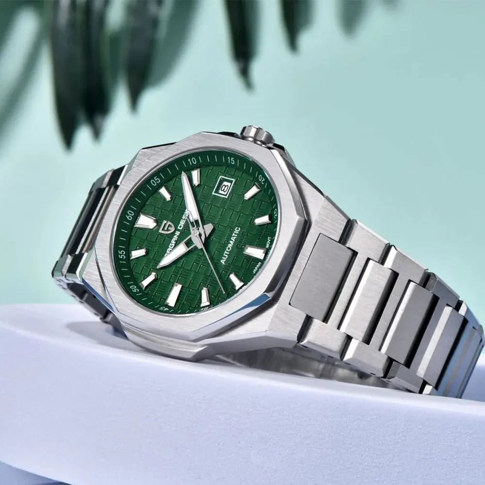 Pagani Design PD-YS023 green dial angled view, bezel facets and date window at 3 o'clock