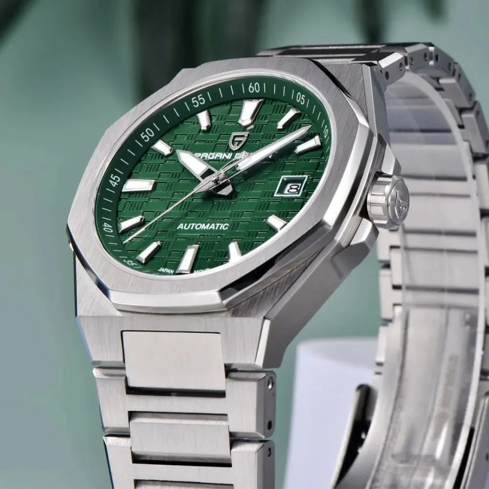 Pagani Design PD-YS023 green textured dial, octagonal steel case and integrated steel bracelet