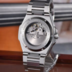Pagani Design PD-YS023 exhibition caseback showing Miyota automatic movement and steel bracelet